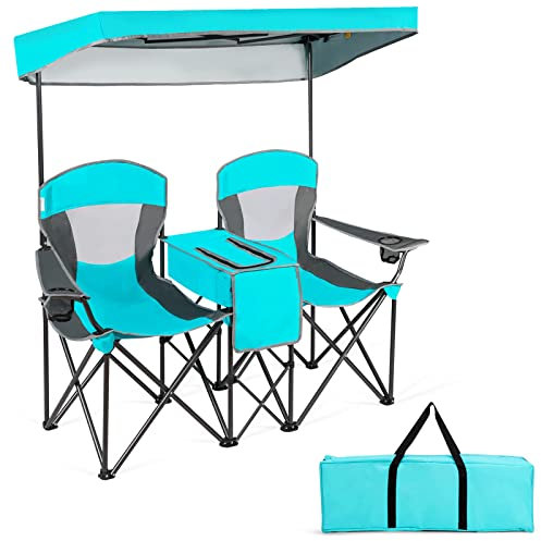 COSTWAY Sillas de Camping Plegables, Silla Plegable Portátil Dobles con Bolsa de Transporte Refrigeradora, Silla de Picnic de 2 Asientos para Exteriores con Mesita y Dosel Desmontable (Turquesa)
