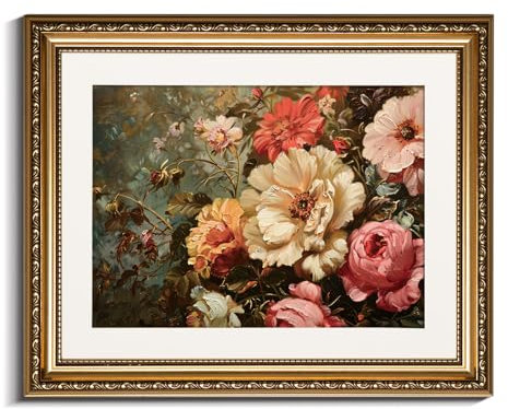 InSimSea Gold Framed Canvas Wall Art Room Decor Flowers Wall Art for Living Room Vintage Oil Painting Picture Print Home Decor for Bedroom Bathroom Wall Decor Peonies Roses 13x16in