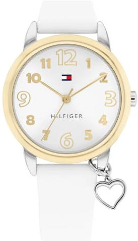 Tommy Hilfiger 1720043 Montre fille - quartz, 34 mm, cadran blanc, bracelet silicone, 5 ATM, blanc, Classique