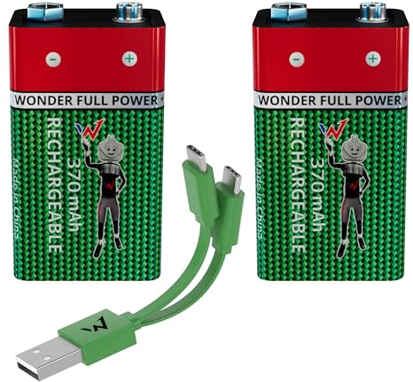 Wonder Full Energy – Piles Rechargeables 9V / 6LR61 – Pack de 2 – 370mAh, 3600mWh – Câble USB-C Inclus – Lithium-ION – Jusqu’à 1000 Cycles – Idéales pour Détecteurs de Fumée, Multimètres, Jouets