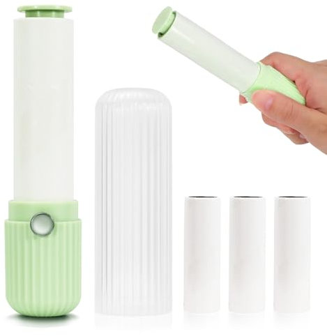 Qaestuan Wiederverwendbare Fusselrolle mit 3 Packungen Ersatzrollen Film, Tierhaarentferner Fusselrolle Extra Klebrige mit Schutzkappe, Mini Fusselbürste für Tierhaare Kleidung Autositze Teppich, Weiß