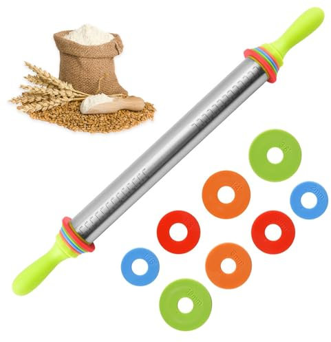Chingcoo Rouleau à Pâtisserie, Rouleau à Pâtisserie en Acier Inoxydable, Rouleau Patisserie Réglable avec 4 Entretoises Amovibles, Rouleau à Pâtisserie pour pizza, cookie, pâtisserie, pâte - 61 cm