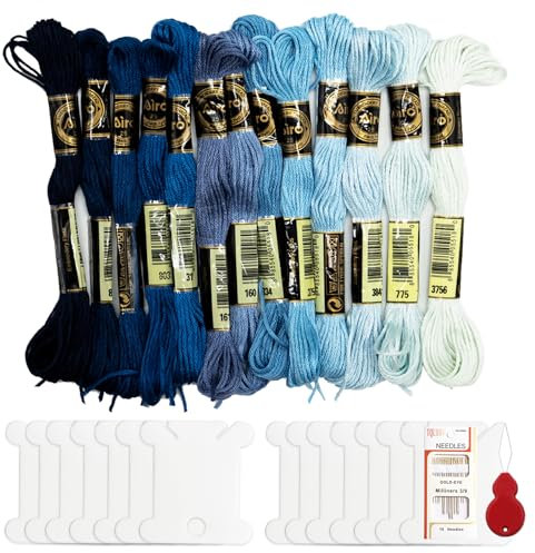 Skeins, 14 fili da ricamo per Halloween, gradiente, colore blu, a punto croce, con 14 bobine di filo con 1 guida per filo, 1 ago da cucito