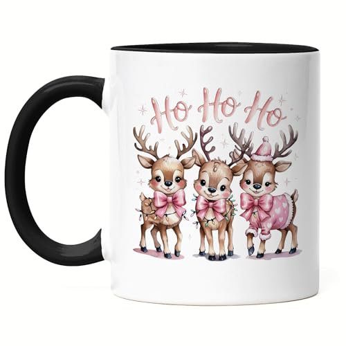 Hey!Print Ho Ho Ho Tasse schwarz Weihnachtsmotiv Rentier Weihnachten Geschenkidee Deko