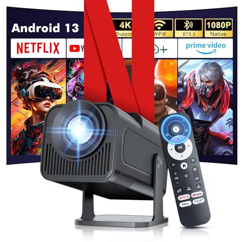 【2025 Netflix Licensed & Android 13】HY320MAX Smart Mini Projector with Wifi6 Bluetooth,Native 1080P Portable Ceiling Projector 4K Supported,Outdoor Movie Projector Built Netflix/YouTube/PrimeVideo