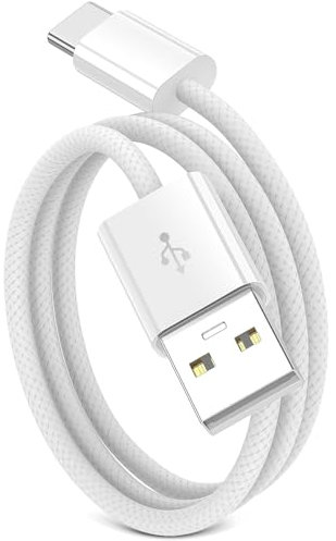 Braided USB C charger cable, USB-C to USB-A cable, USB type C charging cable for iPhone 16, 15, Samsung Galaxy S24, S23, Pixel, iPad, MacBook, Nintendo Switch and more - 1m, White