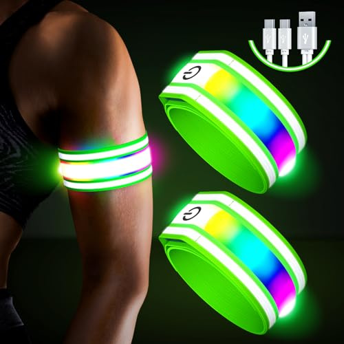 Lot de 2 brassards à DEL pour la course à pied, la marche de nuit, lumières rechargeables pour coureurs, équipement de course réfléchissant haute visibilité, bracelets lumineux réglables (Green, M)