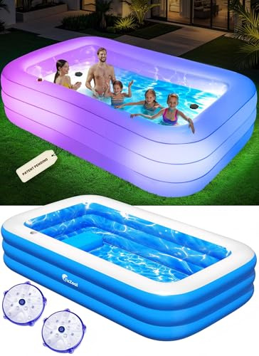 Inflatable Pool with Pool Lights and Seat, Durable Thickened Large Size Family Inflatable Pools for Adults Blow Up Pools,110 x 63 x 20Swimming Inflatable Kids PooI for Backyard,Outdoor (White)