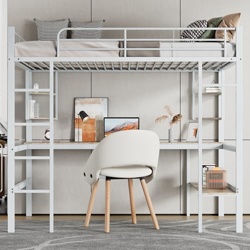 VIVCA Hochbett,90x200cm Bettgestell Metallbett, Eisenbett mit Schreibtisch, Ohne Matratze, Hochbett mit Vier kleinen Regalen und einem großen Bücherregal für Kinder, Jugendliche und Erwachsene (Weiß)