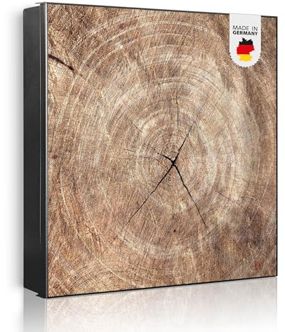 banjado Großer Schlüsselkasten Metall - Schlüsselbox 30x30cm beschreibbarer mit 32 Haken - Schlüsselkasten modern für Schlüsselaufbewahrung - Korpus Schwarz Scharnier Rechts - Motiv Holzkreis mit Riss