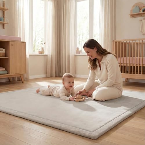 Sanosoft® Krabbelteppich für Babys – Samtweiche & Kuschelige Spielmatte – rutschfest, Schadstoffgeprüft & Öko-Tex zertifizierte Krabbelmatte (Hellgrau, 200x300cm)