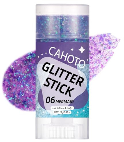 CAHOTO Mermaid Face Body & Hair Glitter Stick for Singer Concert Outfit | Purple Shimmer Stick Gel for Adult, Sparkling Chunky Sequins for Fairy Dust Makeup Rave Festival Carnival Halloween, 0.56oz