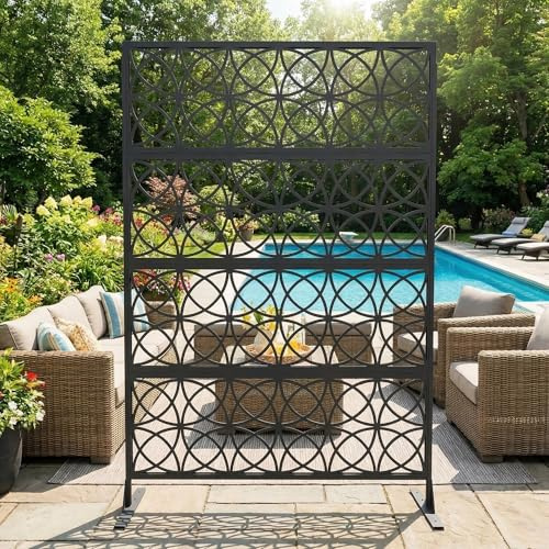 Sichtschutz Metall, Freistehender Paravent 180x120 cm, Wetterfester Sichtschutz Für Garten Terrasse Balkon Outdoor Deko, Raumteiler Mit Ständer, Verzinkter Stahl, Kupfermünzen Schwarz