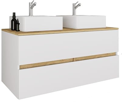 VCM 3-TLG. Doppelwaschtisch Cosila mit 2 Keramikbecken – Badschrank mit 2 Softclose-Schubladen, Maße Waschplatz Set: H. 51 x B. 111 x T. 51 cm, Cosila-A