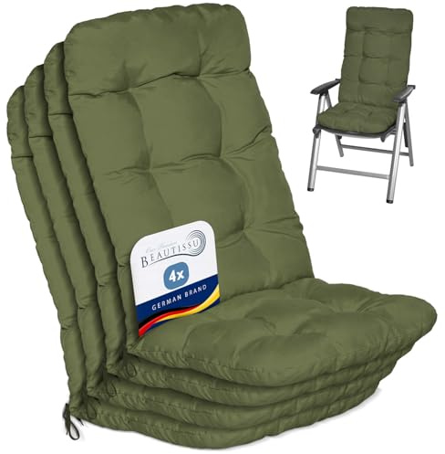 Beautissu Set di 4 Cuscini per Sedia a Sdraio reclinabili e poltrone | 120x50x8cm Verde Oliva extra comfort per sedie spiaggine e schienale alto cuscino seduta poltrona giardino Flair HL