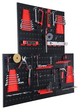 Relaxdays Werkzeugwand, 5 Lochwände, 48-TLG. Zubehör, HxB: 60 x 40 cm, Metall, Werkzeuglochwand, Werkstatt, schwarz/rot