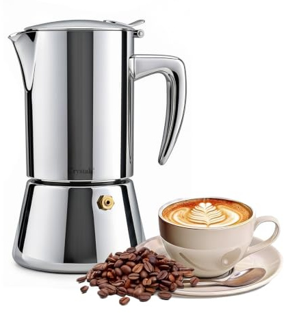 Crystals Stainless Steel Espresso Maker, 4 Cup (200ml) Moka Pot | Stovetop Italian Coffee Maker, Induction, Gas & Electric Hobs, Espresso Percolator, Safety Valve