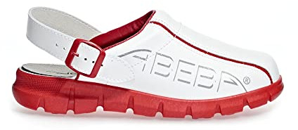ABEBA Clog 7313 Größe 48, Dynamic Glattleder weiß/rot mit Aufdruck, zertifiziert