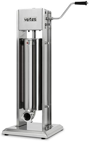 VERTES Presse à saucisses 7L en acier inoxydable, manivelle, engrenage à 2 vitesses, valve de purge, 3 joints de rechange, 4 tubes de remplissage 16, 22, 32 et 38 mm, vertical