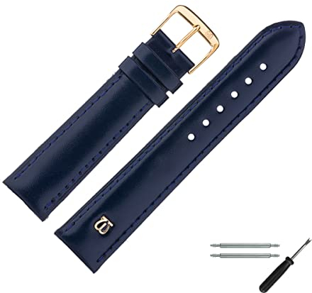 MARBURGER Uhrenarmband 20mm Leder Blau Gold Glatt Mit Naht - Montage Set 1002051000220