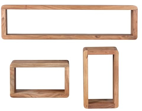 Wohnling BOHA Lot de 3 étagères murales design en bois massif acacia style maison de campagne - Ensemble d'étagères murales rustiques en bois - Étagère suspendue carrée en bois véritable - Étagères murales - Cube suspendu - Étagère murale - Boîtes murales rectangulaires
