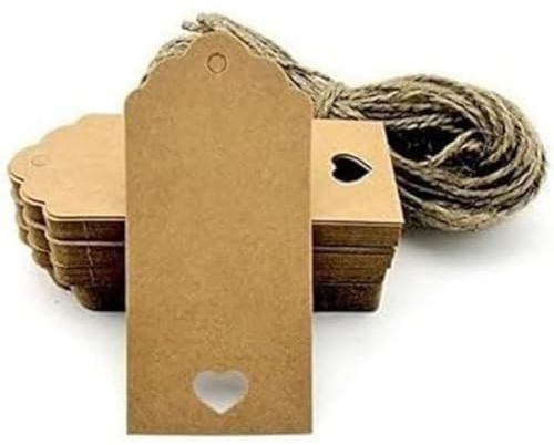 100 Stück Kraftpapier-Etiketten, blanko, für Hochzeitskarten, Geschenkanhänger, Gepäckanhänger, Preisetiketten, Hängeschilder (100 Stück) mit Herz (braun)