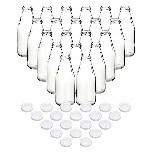 gouveo Set de 20 bouteilles de jus 500 ml avec couvercle à vis blanc - Bouteille ronde en verre 0,5 l avec bouchon TO43 – Bouteille vide à remplir pour la cuisine et la maison (SF500W)