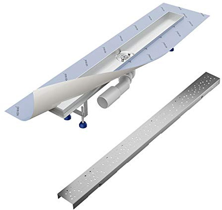 Aquabad Duschrinne SDS Pro 90 cm gebürsteter Edelstahl inkl. Haarsieb, Abgang waagerecht, Blende REGEN, linearer Bodenablauf, Komplettset