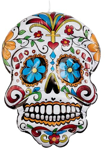 Smiffys Aufblasbarer hängender Day-of-the-Dead-Schädel, Weiß, mit Blumendruck