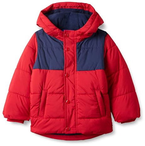 Amazon Essentials Boys' Heavyweight Hooded Puffer Jacket, Navy Red Colour Block, 4 Years