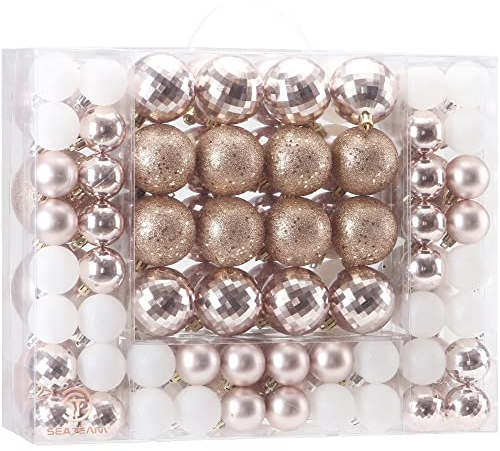 Sea Team 87 Pieces of Assorted Christmas Ball Ornaments Shatterproof Seasonal Decorative Hanging Baubles Set with Reusable Hand-held Gift Package for Holiday Xmas Tree Decorations, Rose Gold