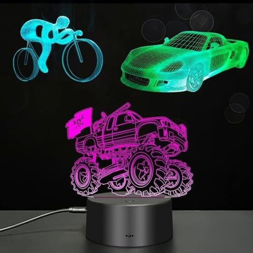 Xdorra Children's Lamp Monster Truck Race Car Bike 3D Gift for boy, 3 Light Plates 3 Different Cars Vehicle 3D Lamp Child Room Decor,Kids Birthday Festival Gift Bedroom Decor