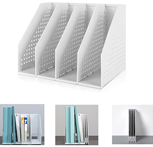 Marte Vanci 4 Compartment Collapsible Magazine Holder Desktop File Binder Organiser Lever Arch File Holder Paper Book Document Divider Adjustable for Desk Bookshelf Cabinet Racks (Light Grey)