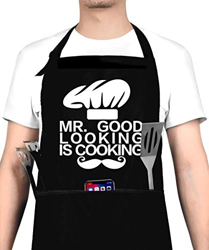 Funny Cooking Apron for Men - Adjustable Bib Chef Apron for Men with 3 Pockets - BBQ Grill Apron for A Husband, Dad, Son, Grandfather Boyfriend Or Any Friend - Mr. Good Looking is Cooking …