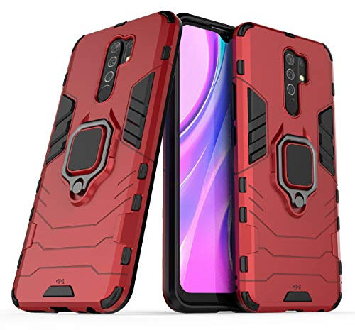 Coque pour Xiaomi Redmi 9 Housse Antichoc avec Anneau Rotatif Aimant Etui Magnétique Rigide Dure Armure Bague Support Armure Renforcée (Xiaomi Redmi 9, Rouge)
