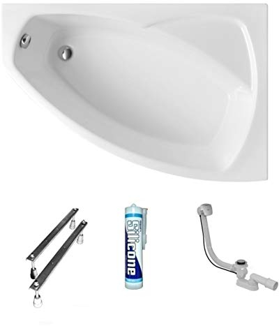 ECOLAM® Badewanne Eckbadewanne Acryl Frida Polimat weiß 150x90 cm RECHTS + Ablaufgarnitur Ab- und Überlauf Automatik Füße Silikon Komplett-Set