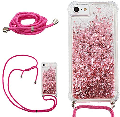 DasKAn Glitzer Flüssig Durchsichtig Hülle für iPhone SE / 5S / 5 mit Handykette, Glänzend Treibsand Luftkissen Weich Gummi Stoßstange Handyhülle Stoßfest Silicone TPU Schutzhülle, Rosa Gold