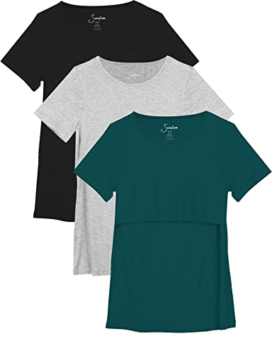 Sosolism Set da 3 Magliette da Allattamento Estate a Maniche Corte T-Shirt Casual per Gravidanza e Post-Parto per Donne Nero, Grigio Chiaro, Verde, Piccolo