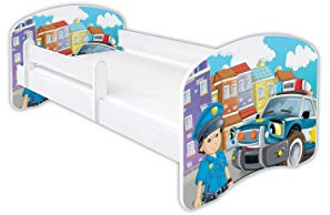 Clamaro 'Schlummerland' Kinderbett 80x160 (bis 150kg belastbar) mit Motiv, Rausfallschutz, Kantenschutz, Matratze und Lattenrost | Jugendbett Weiß | Motiv: 43 Polizei Auto
