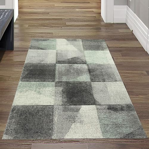 Teppich-Traum Moderner Teppich Wohnzimmer Flur abstraktes Karomuster in grau grün anthrazit Größe 80x150 cm