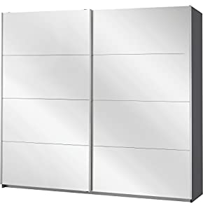Rauch Möbel Caracas Schrank Schwebetürenschrank, Grau metallic, Spiegel, Schwarz, 2-trg., inkl. Zubehörpaket Premium 2 Kleiderstangen, 6 Einlegeböden, 1 Hakenleiste, Türdämpfer, BxHxT 226x210x62 cm