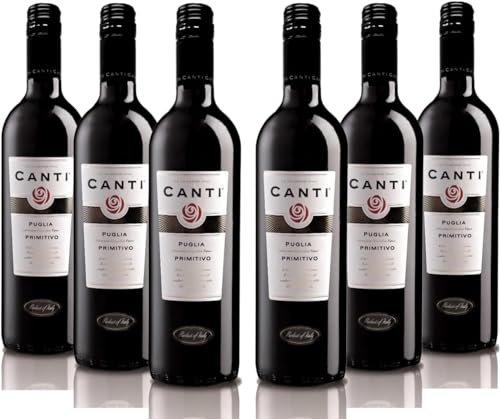 Canti - Italienischer Primitivo I.G.T. 12,5%, trockener Rotwein, Geschenkpackung, süßer und runder Geschmack mit Noten von roten blumen, 6x750 ml