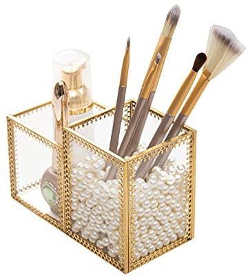 HARLIANGXY Soporte para brochas de maquillaje dorado, soporte para brochas de Vidrio y metal, recipiente para brochas de maquillaje, organizador de maquillaje, almacenamiento de cosméticos