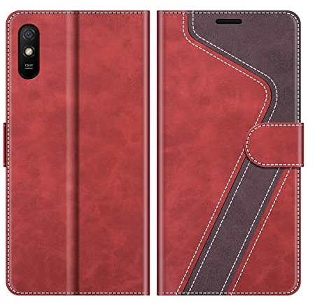 MOBESV Hülle für Xiaomi Redmi 9A Handyhülle, Lederhülle mit Kartenfach, Klapphülle mit Ständer, Flip Case Handytasche Schutzhülle, Modisch Rot