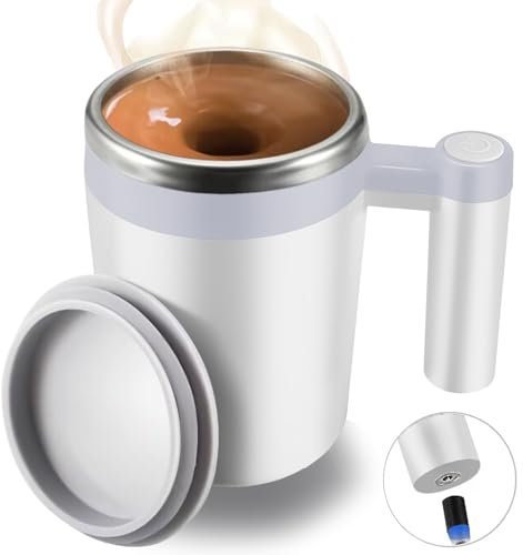 FCSWEET Self Stirring Mug,Rechargeable Auto Magnetic Coffee Mug with 2Pc Stir Bar,Waterproof Automatic Mixing Cup for Milk/Cocoa at Office/Kitchen/Travel 14oz Best Gift - White