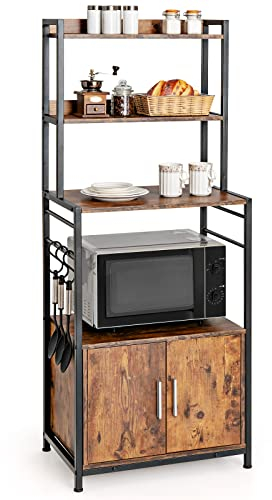 COSTWAY Küchenregal mit Lagerschrank, Bäckerregal Aufbewahrungsregal mit Haken, Standregal mit Ablagen, Küchenschrank mit Tür & verstellbaren Füßen, für Küchen & Esszimmer, Vintage Industrieregal
