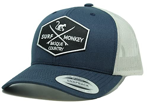 Surf Monkey Trucker-Mütze, meliert, gebogenes Visier, verstellbare Snapback-Kappe, bestickter Aufnäher für Damen und Herren, Blau/Grau, 60