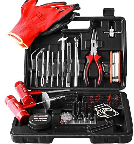 AWELCRAFT 108-teiliges Reifenreparatur-Set – Profi Werkzeugkasten für LKW, Auto, Traktor – Reifenpanne Reparatur mit T-Griff Werkzeugen, 4-Wege-Ventilwerkzeug, Zange