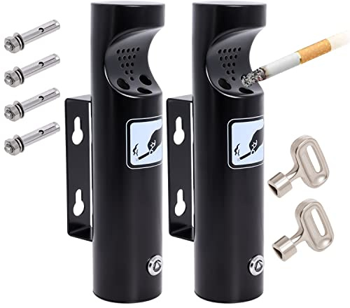 Wall Mounted Outdoor Waste Receptacle, Cendrier Extérieur, Stainless Steel Cylinder Butt Disposal, Commercial Trash Bin Container for Home, Patio, Bar, Commercial Use(Black,2pcs)