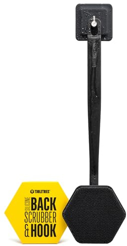 TOOLETRIES Silicone Back Scrubber for Shower with Hook - Charcoal | Long ergonomic bath brush with a non-slip grip for exfoliating and reaching hard-to-reach areas comfortably.